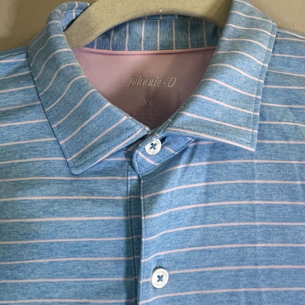 johnnie-O Newton Men's XL  Blue Pink Striped Polo Shirt UPF 50 Stretch Golf